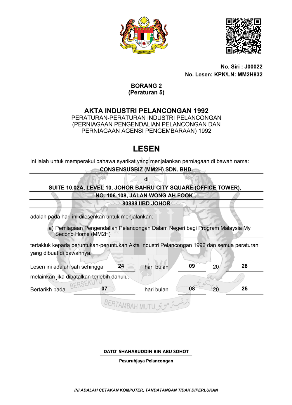 Official Malaysia tourism industry licence KPK/LN: MM2H832 issued to Consensusbiz (MM2H) Sdn. Bhd.